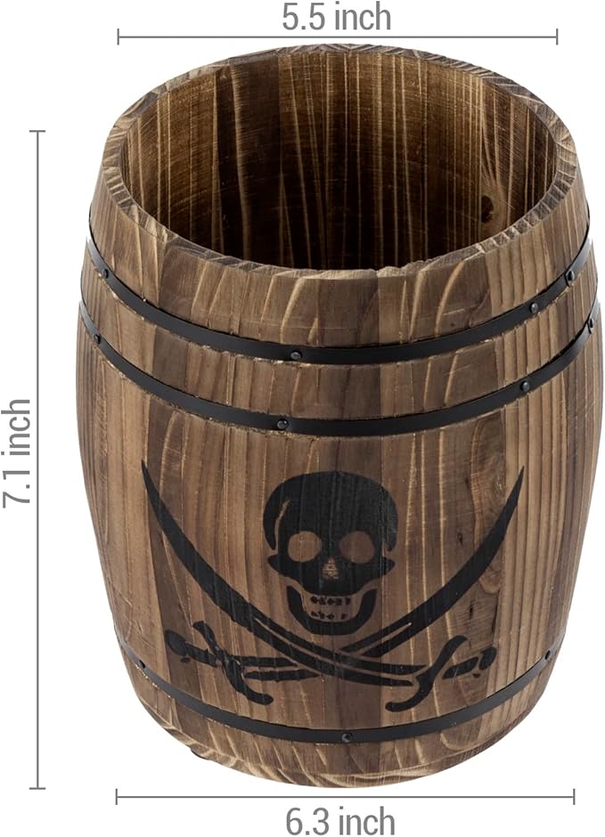 MyGift Rustic Burnt Wood Pirates Rum Cask Style Kitchen Utensil Crock, Vintage French Wine Barrel Cooking Tools Holder with Skull and Cutlass Sword Design - Image 6
