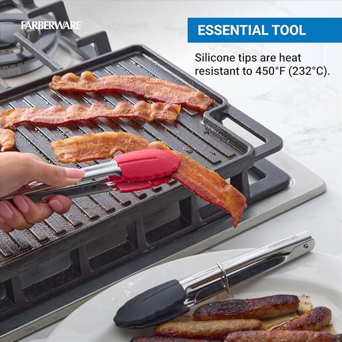 Farberware Classic S2 Mini Tongs Set of 2, 7-Inch Stainless Steel Kitchen Tongs with Silicone Tips, Heat Resistant Cooking Tongs with Ring Lock for Compact Storage, Red and Black - Image 3