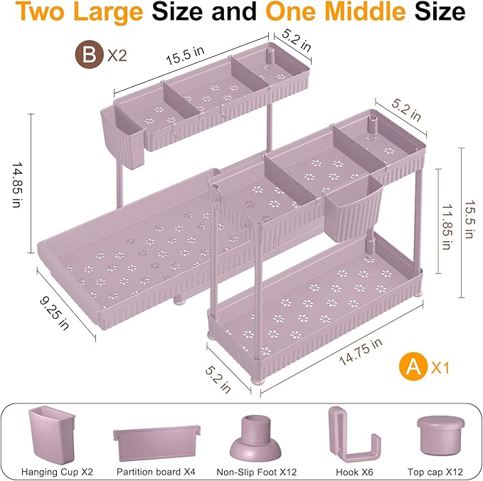 Sevenblue 3 Pack Multi-Purpose Under Sink Organizers and Storage, 2026 L-Shaped Pull Out Cabinet Organizer for Bathroom & Kitchen, Under Cabinet Organizer with Hooks Hanging Cup (Pink, 14.85 inch) - Image 6