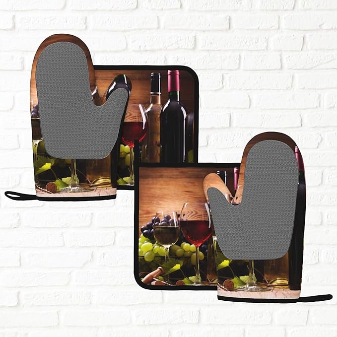 Wine Grapes Wooden Vintage Oven Mitts and Pot Holders Sets of 4, Heat Resistant Silicone Oven Mittens and Potholders Gloves Hot Pads for Kitchen Cooking Baking Grilling BBQ Chef - Image 6