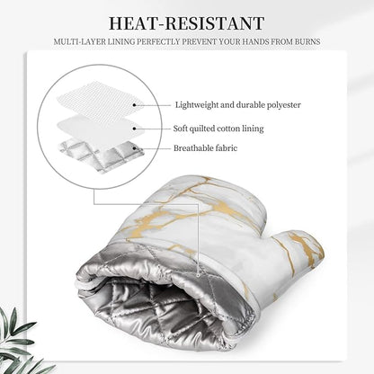 Oven Mitts and Pot Holders Marble White Gold Silicone Kitchen Accessories Set of 4 Heat Resistant Long Gloves Potholder Non-Slip Grip for Chef Cooking,Baking,Grilling,BBQ