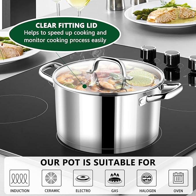 P&P CHEF 8 Quarts Cooking Stock Pot with Lid, Stainless Steel Stockpot Induction Pot for Soup, Tri-Ply Bottom & Clear Glass Lid & Double Handle, Dishwasher Safe - Image 5