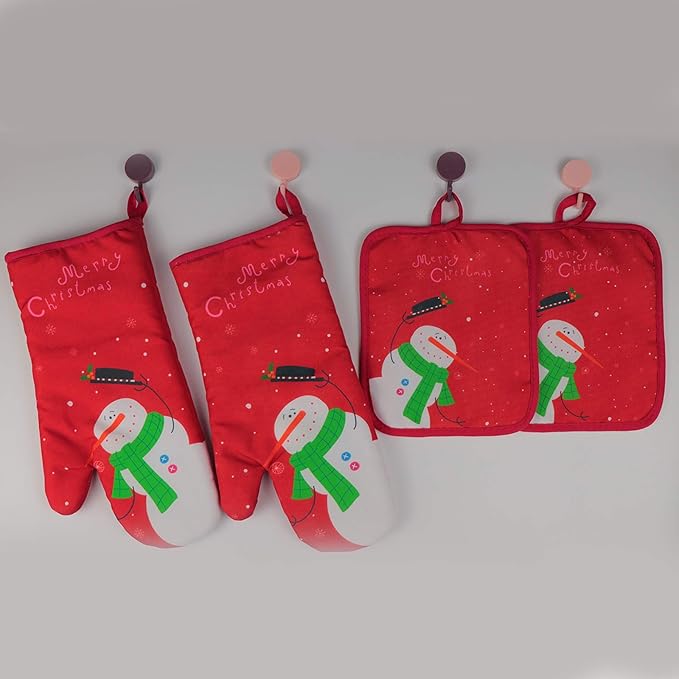 Oven Mitts and Potholders BBQ Gloves-Oven Mitts and Pot Holders with Recycled Infill Silicone Non-Slip Cooking Gloves for Cooking Baking Grilling (4-Piece Set) (Red Christmas Snow) - Image 7