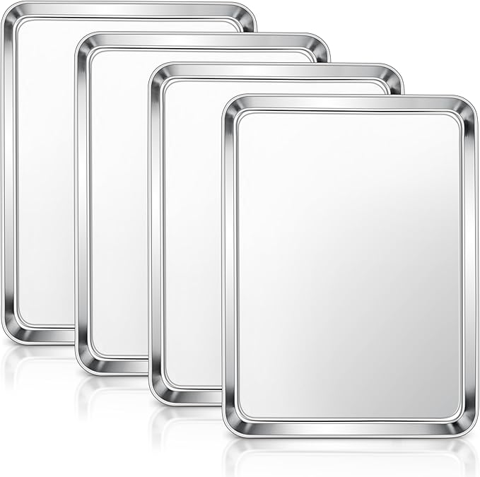 E-far Baking Sheets Set of 4, 16” x12” x 1” Stainless Steel Cookie Sheets Pans for Oven, Non-toxic Metal Trays for Baking Cake Cookie, Healthy & Rust Free, Mirror Finish & Dishwasher Safe by E-far