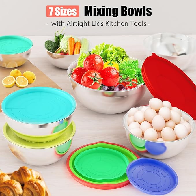 ENVTEK Mixing Bowls with Lids Set, 7 PCS Stainless Steel Mixing Bowls with 3 Grater Attachments, Size 4.5, 4, 3.5, 2.1, 1.5, 1.1, 0.7QT, Ideal for Kitchen Cooking Baking & Serving - Image 7