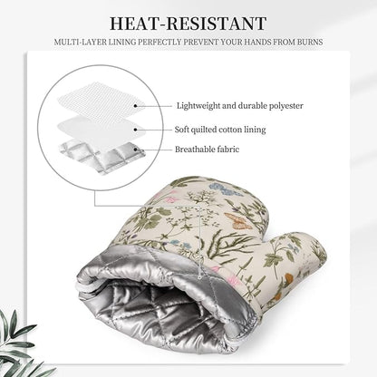 Vintage Wildflower Herbs Floral Rustic Butterfly Oven Mitts and Pot Holders Sets Silicone Kitchen Mitts Potholders Heat Resistant 4Pcs Oven Gloves Hot Pads for Kitchen Baking Cooking