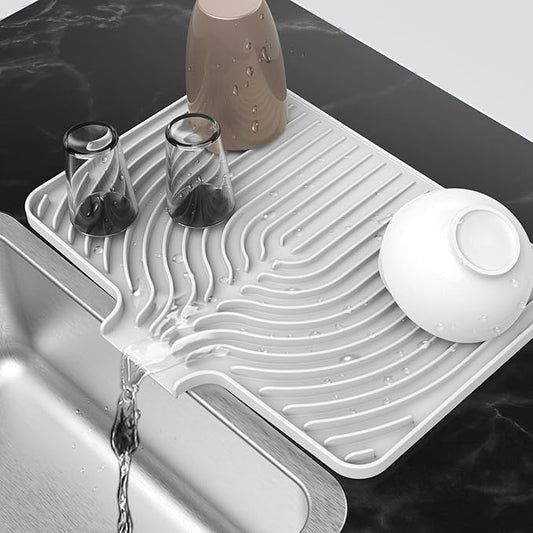 Silicone Drying Mat for Kitchen Counter , Dish Drying Rack Matt with Built in Drain, 18 Inch Dry Mats for Dishes Drying Pad for Kitchen Counter (18×12inch, white)