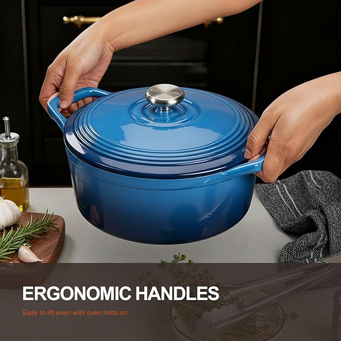 Overmont Enameled Cast Iron Dutch Oven - 5.5QT Pot with Wide Handles Lid Cookbook & Cotton Potholders - Heavy-Duty Pre-Seasoned Cookware Oven Safe to 500°F for Braising, Stews, Roasting, Sourdough Baking - Image 2