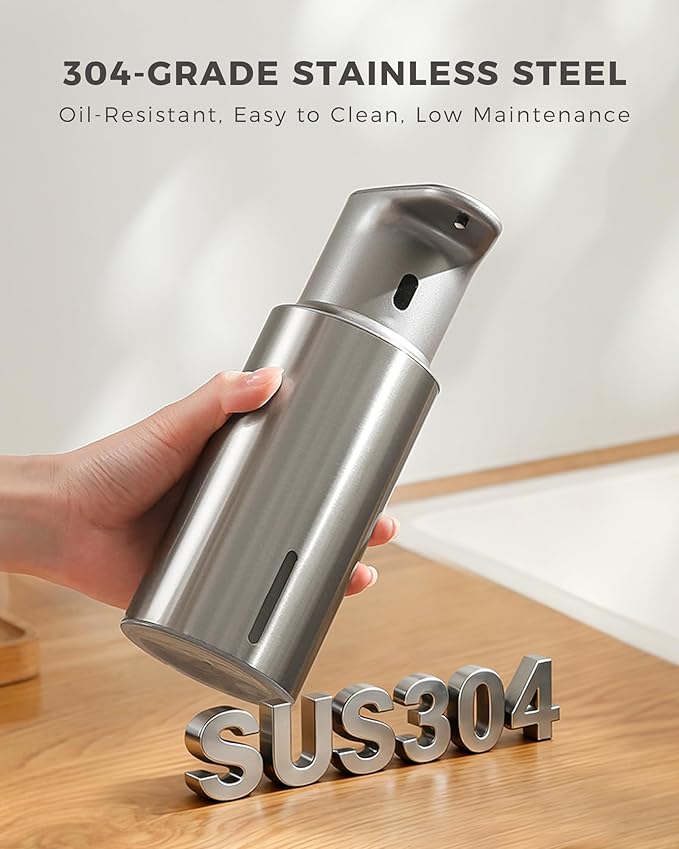 Automatic Liquid Soap Dispenser Touchless, 304 Stainless Steel Bottle Body &16.2oz/480ml Rechargeable, 3 Adjustable Liquid Levels, IPX7 Waterproof, for Kitchen Bathroom, Stainless Steel - Image 4