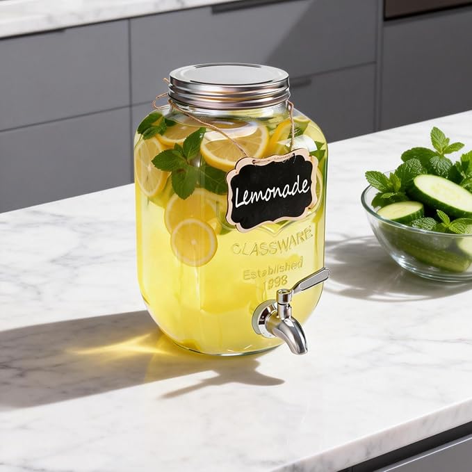 1 Gallon Glass Drink Dispensers For Parties,Beverage Dispenser,304 Stainless Steel Spigot Leakproof,Lemonade Dispenser for Sun Tea, Homemade Juice