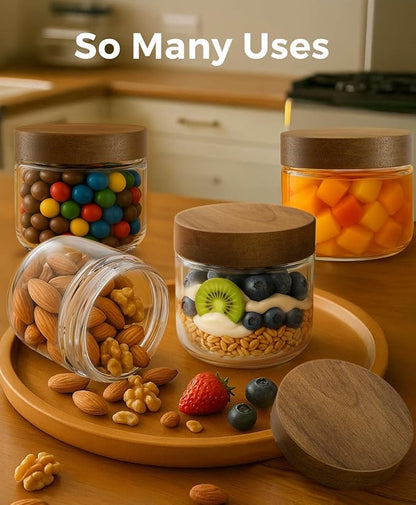 10oz 4 Pack Overnight Oats Containers with Lids, Small Glass Mason Jars with Acacia Wood Airtight Lids, Wide Mouth Meal Prep Storage Jars for Oats, Chia Pudding, Salad, Parfait, Snacks, Spice