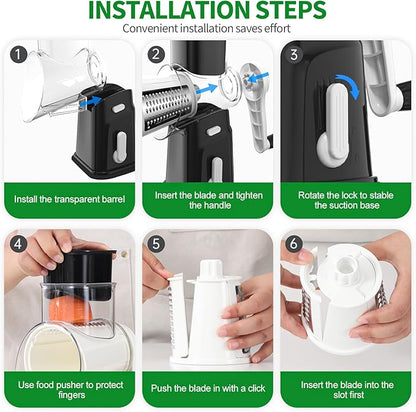 Ourokhome Rotary Cheese Grater Cheese Shredder with 5 Interchangeable Blades, Rotary Grater with Non-slip Suction Base Hand Crank Slicer for Vegetable Nuts Black
