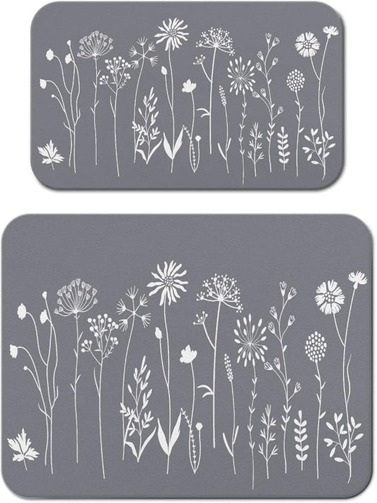 Dish Drying Mat for Kitchen Counter 2 Pack with Non-Slip Rubber Backing - Heat-Resistant Absorbent Coffee Bar Mat, Dish Rack Mat, Grey Flower Dish Drying Mats 18x24+19.5x12 inch