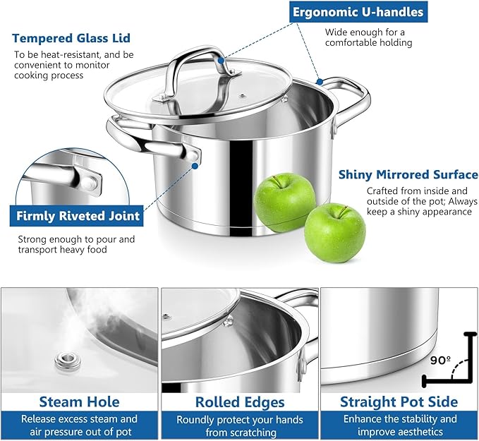 P&P CHEF 4 Quarts Cooking Stock Pot with Lid, Stainless Steel Stockpot Induction Pot for Soup, Tri-Ply Bottom & Clear Glass Lid & Double Handle, Dishwasher Safe - Image 3
