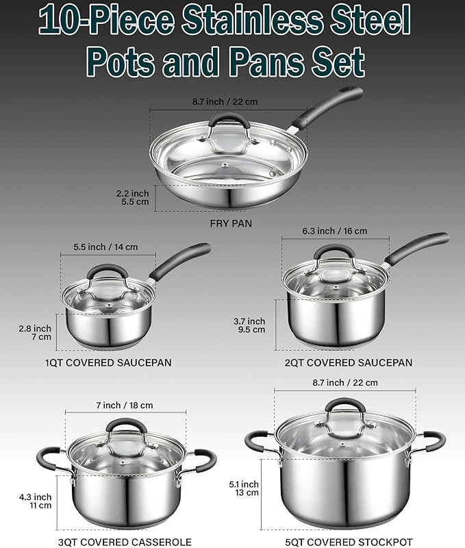 Cook N Home Stainless Steel Cookware Sets 10-Piece, Pots and Pans Kitchen Cooking Set with Stay-Cool Handles, Dishwasher Safe, Silver - Image 2