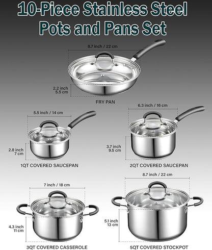 Cook N Home Stainless Steel Cookware Sets 10-Piece, Pots and Pans Kitchen Cooking Set with Stay-Cool Handles, Dishwasher Safe, Silver - Image 2
