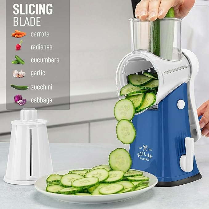 Zulay Kitchen Rotary Cheese Grater 5 Blade Cheese Shredder - Manual Hand Crank Cheese Grater With Reinforced Suction & 5 Interchangeable Drums - Easy to Use, Vegetable Chopper Round Mandoline Slicer - Image 5