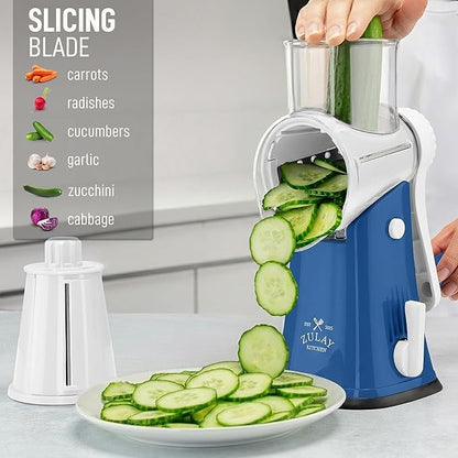Zulay Kitchen Rotary Cheese Grater 5 Blade Cheese Shredder - Manual Hand Crank Cheese Grater With Reinforced Suction & 5 Interchangeable Drums - Easy to Use, Vegetable Chopper Round Mandoline Slicer - Image 5
