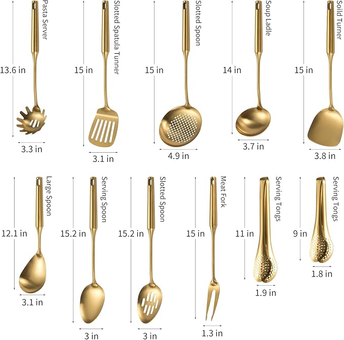 304 Stainlss Steel Matte Kitchen Utensils Set, 11 Pcs Long Metal Cooking Utensil Gadgets Tools Set with Spatula, Spoon, Ladle, Skimmer, Tunner, Pasta Server, Tongs(Gold, Dishwasher Safe) - Image 6