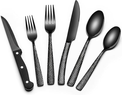 EWFEN 24-Piece Black Silverware Set with Steak Knives, Black Flatware Set for 4, Food-Grade Stainless Steel Tableware Cutlery Set, Mirror Finished Utensil Sets for Home Restaurant, Wave Hammered by EWFEN