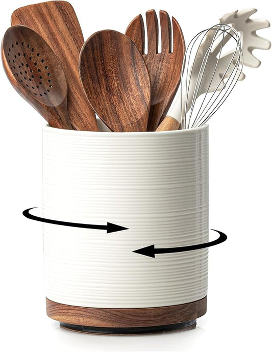 Utensil Holder, 360° Rotating Extra Large Ceramic Kitchen Utensil Holder for Countertop, 7.3“ Cooking Utensil Crocks for Kitchen Counter with Rotatable Wooden Base, Farmhouse Decor, White by MIKIGEY