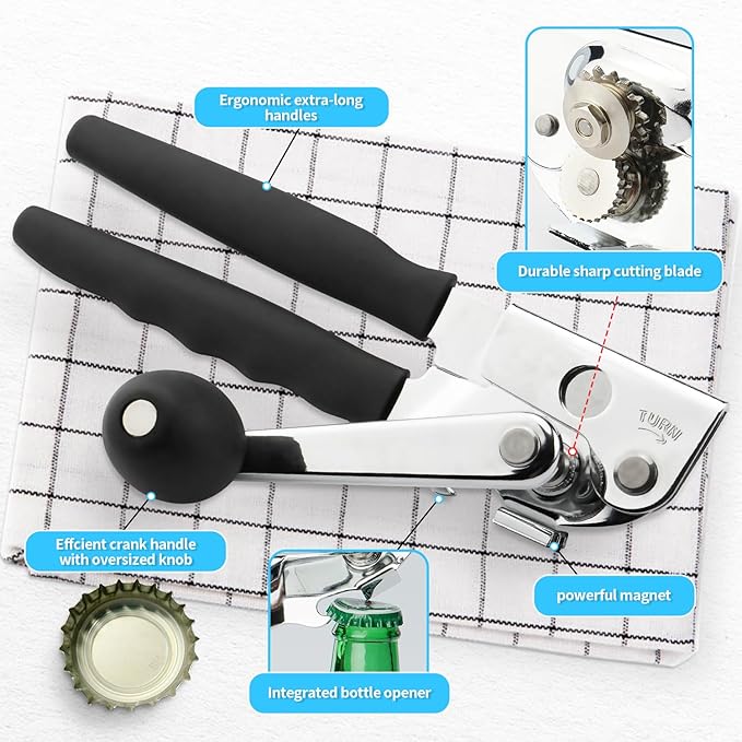 Commercial Can Opener,Stainless Steel Heavy Duty Hand Crank Manual Can Openers with Comfortable Extra-long Handles,Ergonomic Design,Black - Image 3