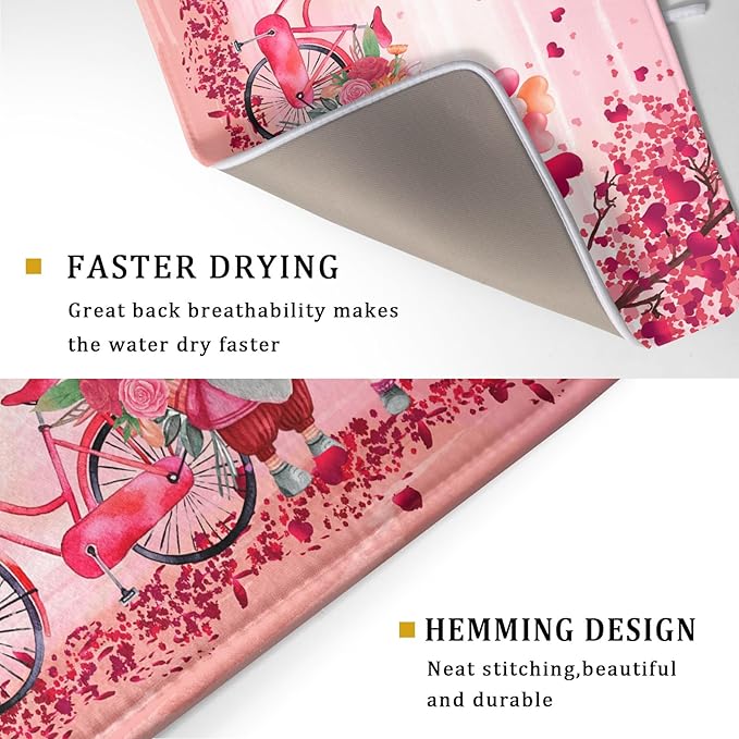 Pink Heart Valentine's Day Gnomes Dish Drying Mat for Kitchen Counter,Pink Bicycle Love Tree Drying Mat 18 x 24 Inch with Absorbent Reversible Microfiber Dish Drying Pad Dish Rack Pad for Coffee Bar - Image 3