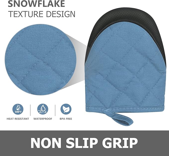 1 Pair Short Oven Mitts - Silicone Kitchen Oven Gloves High Heat Resistant 500℉, Mini Oven Mits with Non-Slip Grip Surfaces and Hanging Loop for BBQ, Baking, Cooking and Grilling (Bule) - Image 5