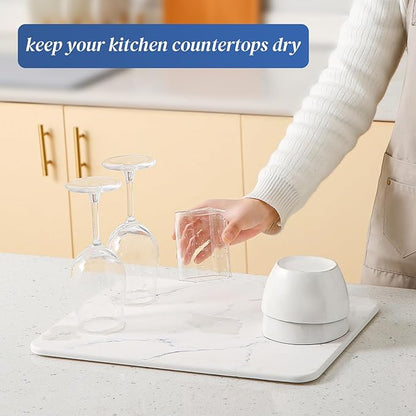 Quick Dry Stone Drying Mat for Kitchen Counter, Water-Absorbent Diatomaceous Dish Drying Mats, Multi-Purpose Stone Drying Tray for Cups Dishes Bottles, Carrara White Marble