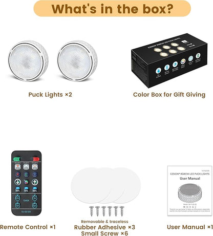 LED Puck Lights with Remote Control & Timer, Battery Operated Under Cabinet Lighting, Warm White & RGB Multi Color Stick on Tap Light for Kitchen Counter, Shelf, Display Case, 2 Pack, White