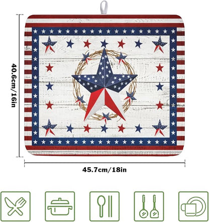 4th of July Patriotic Dish Drying Mat for Kitchen Counter Vintage Red and Blue Star Microfiber Dish Drainer Mat Country Absorbent Washable Drying Pad 16"x18"