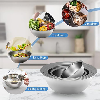Mixing Bowl Set of 5, Stainless Steel Mixing Bowls, Nesting Whisking Bowl Set for Cooking, Baking, Serving, Food/Salad Prep - Image 6