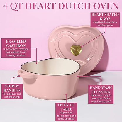 Paris Hilton Enameled Cast Iron Dutch Oven Heart-Shaped Pot with Lid, Dual Handles, Works on All Stovetops, Oven Safe to 500°F, 4-Quart, Pink - Image 7