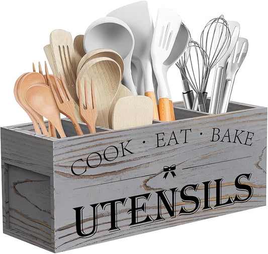 Suli Extra Large Kitchen Utensils Holder with 4 Compartments, Wooden Utensil Organizer for Kitchen Countertop, Farmhouse Decor, Rustic Cooking Utensil - Grey grain by Suli
