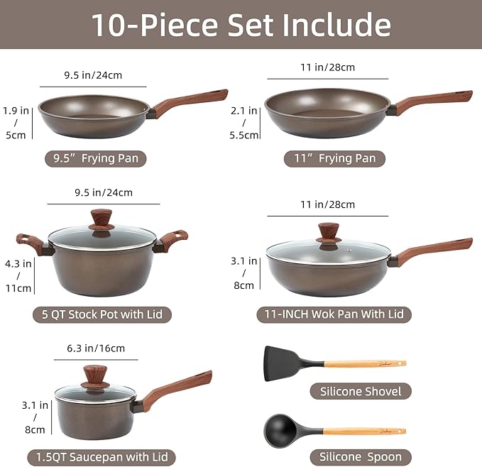 10 Pcs Pots and Pans Set Non Stick, Kitchen Cookware Sets with Frying Pans, Saucepans, Steamer Compatible with All Stoves Restaurant,Black - Image 2