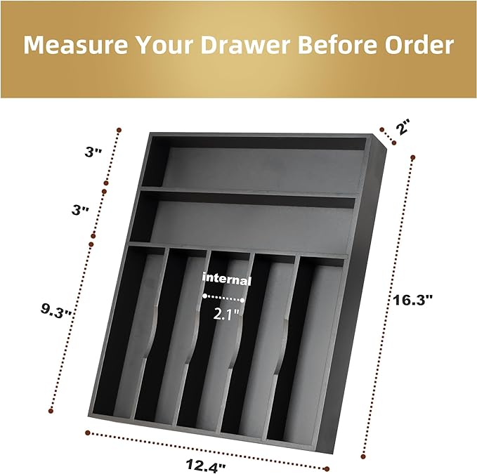 Besilord Silverware Organizer Kitchen Drawer Organizer Utensil Organizer Bamboo Silverware Holder Cutlery Organizer in Drawer Flatware Organizer Tray(7 slots, Black - Image 2