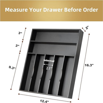 Besilord Silverware Organizer Kitchen Drawer Organizer Utensil Organizer Bamboo Silverware Holder Cutlery Organizer in Drawer Flatware Organizer Tray(7 slots, Black - Image 2