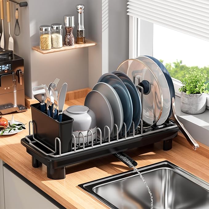 SanDream Small Dish Drying Rack with Removable Utensil Holder & Anti-Scratch Base - Stainless Steel Dish Rack, Dish Drying Rack with Drainage & Space Saving Design for Kitchen Counter, Black by SanDream