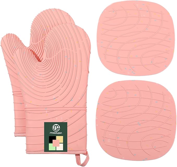 4 Pieces Oven Mitts of Macaron Color Thickened Non-Slip Silicone Kitchen Gloves, Heat Resistant up to 750F, Essential for Kitchen Baking (Pink) by M+MIAOYAN