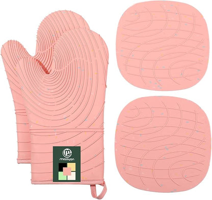 4 Pieces Oven Mitts of Macaron Color Thickened Non-Slip Silicone Kitchen Gloves, Heat Resistant up to 750F, Essential for Kitchen Baking (Pink) by M+MIAOYAN
