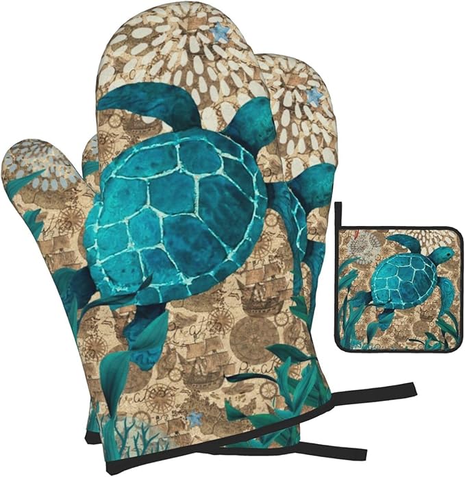 Retro Teal Nautical Oven Mitts and Pot Holders Sets,Sea Turtles Oven Gloves Hot Pads, Coastal Kitchen Mitts for Cooking Baking BBQ,Nautical Coastal Beach Ocean Cruise Themed Gifts for Women Sea Lover