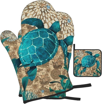 Retro Teal Nautical Oven Mitts and Pot Holders Sets,Sea Turtles Oven Gloves Hot Pads, Coastal Kitchen Mitts for Cooking Baking BBQ,Nautical Coastal Beach Ocean Cruise Themed Gifts for Women Sea Lover