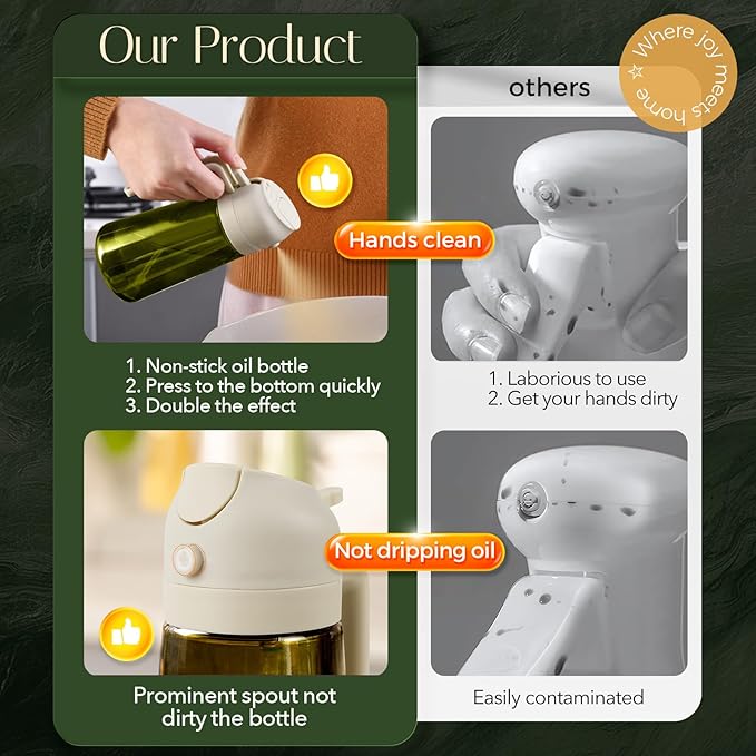 YARRAMATE 16oz/470ml Light-Blocking Dark Oil Sprayer for Cooking, 2 in 1 Olive Oil Dispenser Bottle for Kitchen, Premium Dark Green Glass Oil Bottle, Food-Grade Oil Mister for Air Fryer, BBQ (White) - Image 8