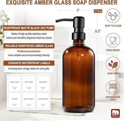 GMISUN Shampoo and Conditioner Dispenser, 3 Pack Amber Glass Bathroom Shampoo Conditioner Body Wash Dispenser with Pump for Shower, 17 Fl Oz Hand Soap Dish Soap and Lotion Dispenser Set for Kitchen - Image 3