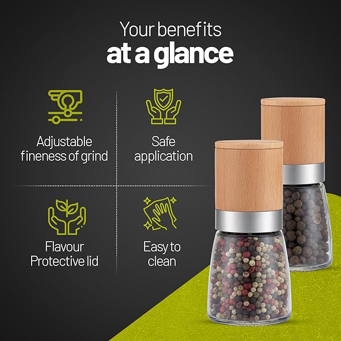 ZOLMER® Wooden Salt and Pepper Grinder Set | Natural Manual Ceramic Mill - Stylish Chili Mill, Pepper Grinder, and Salt Grinder [No Spices Included]