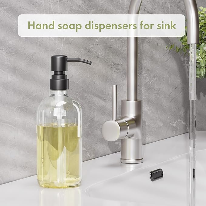 AmazerBath Soap Dispenser, 2 Pack Glass Soap Dispenser with Stainless Steel Pump, 17 Oz Bathroom Hand Soap Dispensers Bottle for Bathroom & Kitchen, Clear & Black - Image 8