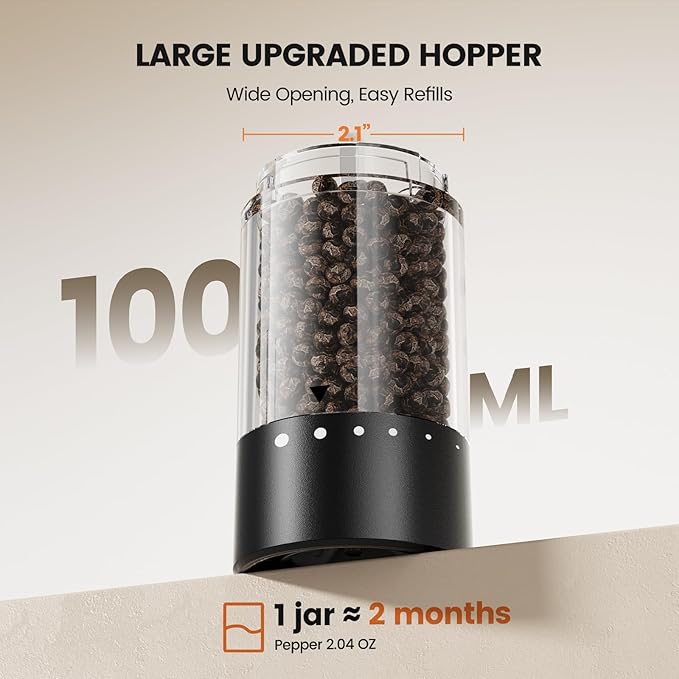 Electric Salt and Pepper Grinder Set - Rechargeable Automatic Salt and Pepper Shakers, Kitchen Appliances with External Adjustable Coarseness, Larger Hopper for Cooking, Home Gifts(2 Pack,Black/Black) - Image 4