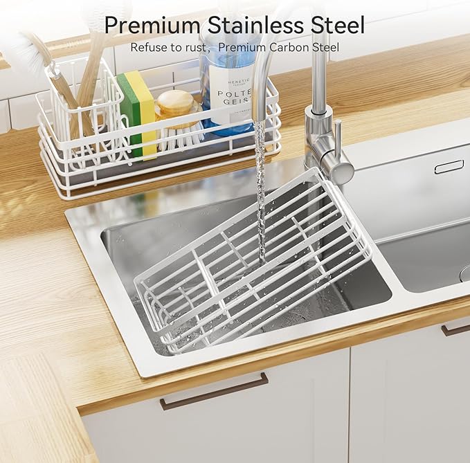 Yofidra Sponge Holder for Kitchen Sink Organizer Caddy: Sink Sponge with Instant Drying Stone, Metal Stainless Steel Basket Home Decor Storage and Organization Accessories 9.5" X 3.5" X 5.2" (White) - Image 7