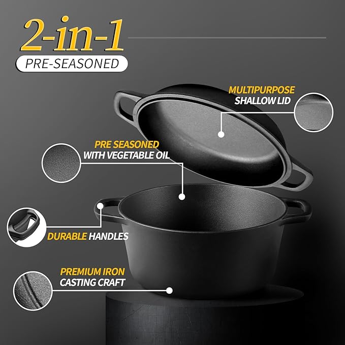 EDGING CASTING 2-in-1 Pre-Seasoned Cast Iron Dutch Oven Pot with Skillet Lid Cooking Pan, Cast Iron Skillet Cookware Pan Set with Dual Handles, Indoor Outdoor for Bread/Frying/Baking/Camping/BBQ, 5 Qt - Image 2