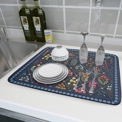 Lapis Blue Dish Drying Mat for Kitchen Counter Flowers Microfiber Absorbent Dish Draining Reusable Washable Large - Image 6